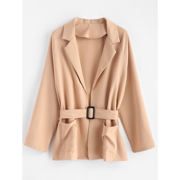 Private Label for Curves Collection Jackets & Blazers - Plus Size Tan Belted Jacket w/ Pockets & Lapels
